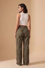 Khaki Cargo Wide Leg Relaxed Fit Utility Trousers - Menisa
