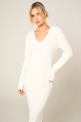Cream Ribbed V Neck Midi Jumper Dress - Ivy