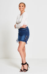 Blue Denim Eyelet Ribbon Petite Hem Mini Skirt - Violina