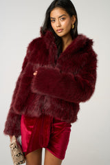 Wine Soft Faux Fur Warm Short Jacket - Lanoria