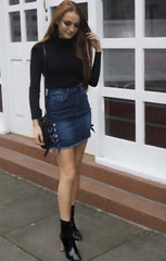 Blue Denim Eyelet Ribbon Petite Hem Mini Skirt - Violina