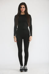Black Stretch Long Sleeve Top and Leggings Activewear Set - Elara