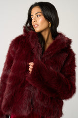 Wine Soft Faux Fur Warm Short Jacket - Lanoria