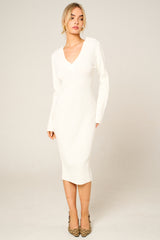 Cream Ribbed V Neck Midi Jumper Dress - Ivy