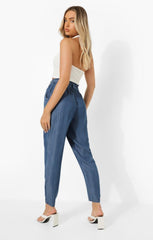 Blue Denim Cropped Paperbag Waist Trousers - Luretta