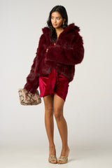 Wine Soft Faux Fur Warm Short Jacket - Lanoria