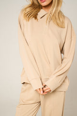 Stone Oversized Long Sleeve Rugby Top and Trouser Co Ord Set - Marizel