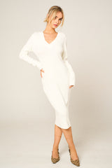Cream Ribbed V Neck Midi Jumper Dress - Ivy