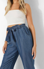 Blue Denim Cropped Paperbag Waist Trousers - Luretta