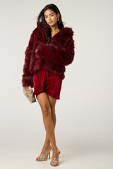 Wine Soft Faux Fur Warm Short Jacket - Lanoria