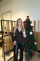 Brown Fluffy Knit V Neck Gold Button Up Soft Chunky Cardigan - Sibelina