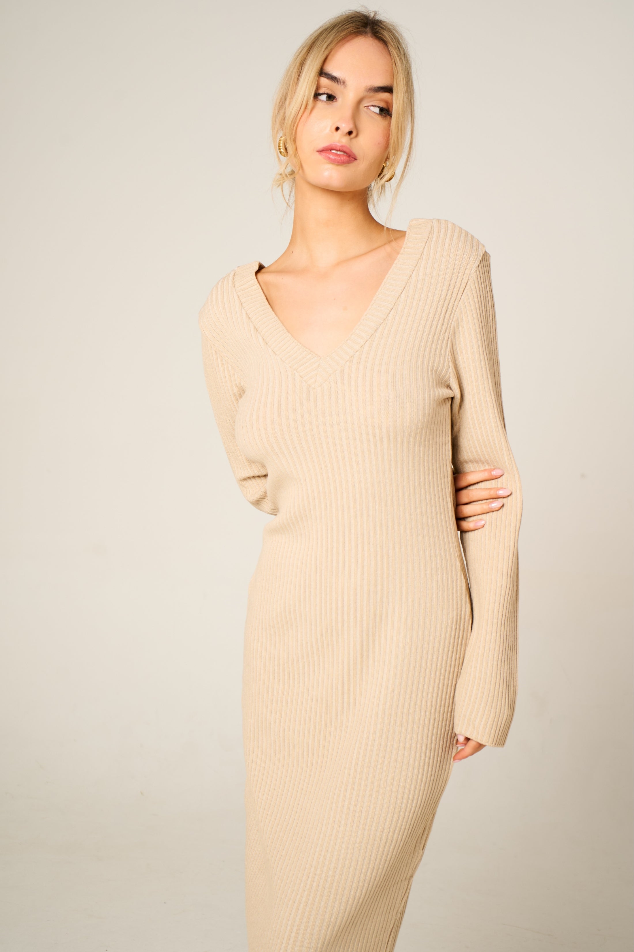 Stone Ribbed V Neck Midi Jumper Dress | Dresses | Femme Luxe UK Stone Ribbed V Neck Midi Jumper Dress | Dresses | Femme Luxe UK