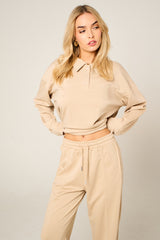 Stone Oversized Long Sleeve Rugby Top and Trouser Co Ord Set - Marizel