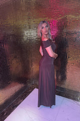 Chocolate Brown Slinky Bardot One Shoulder Ruched Double Layer Maxi Dress- Marissia