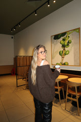 Brown Fluffy Knit V Neck Gold Button Up Soft Chunky Cardigan - Sibelina