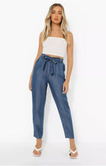 Blue Denim Cropped Paperbag Waist Trousers - Luretta