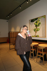 Brown Fluffy Knit V Neck Gold Button Up Soft Chunky Cardigan - Sibelina