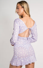 Lilac Ditsy Floral Tie Back Frill Hem Dress - Charistéa