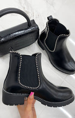 Black Chunky Studded Chelsea Boots with Low Heel- Tiny