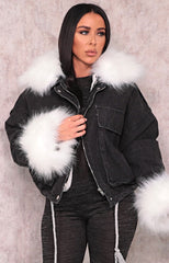 Black Denim Cream Faux Fur Fluffy Oversized Jacket - Sacha