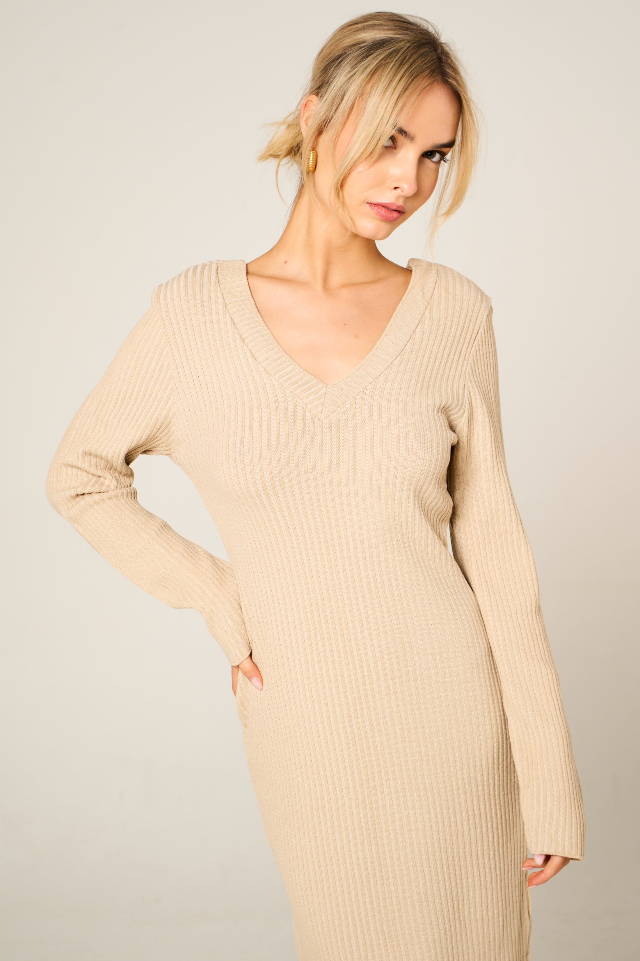 Stone Ribbed V Neck Midi Jumper Dress | Dresses | Femme Luxe UK Stone Ribbed V Neck Midi Jumper Dress | Dresses | Femme Luxe UK