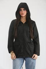 Black Lightweight Showerproof Hooded Mac Jacket - Vera