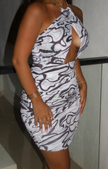 Lilac Marble Print Chain Halter Neck Crossover Cut Out Detail Mini Dress - Cassara