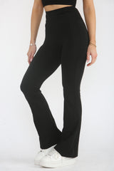 Black High Waisted Wide Band Flared Activewear Leggings-Mina