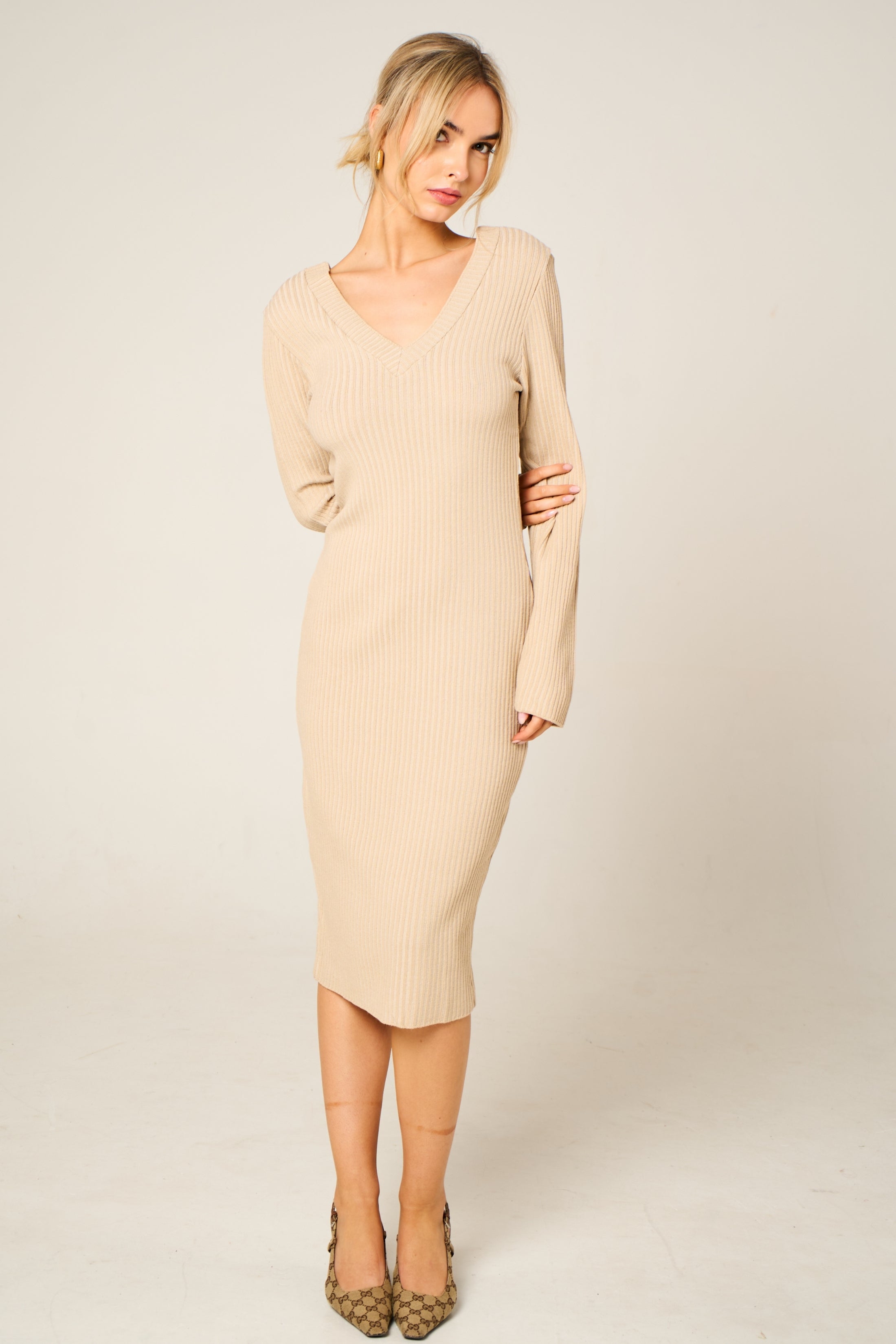 Womens Dresses V Neck Midi Jumper Dress Stone Ribbed V Neck Midi Jumper Dress Dresses Femme Luxe UK Womens Dresses V Neck Midi Jumper Dress Stone Ribbed V Neck Midi Jumper Dress Dresses Femme Luxe UK
