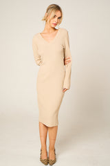 Stone Ribbed V Neck Midi Jumper Dress - Ivy