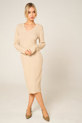 Stone Ribbed V Neck Midi Jumper Dress - Ivy