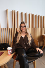 Brown Fluffy Knit V Neck Gold Button Up Soft Chunky Cardigan - Sibelina