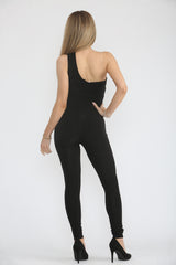 Black Asymmetric Shoulder Plunge Cut Out Jumpsuit - Mila
