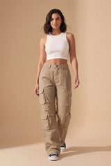 Beige Cargo Wide Leg Relaxed Fit Utility Trousers - Menisa