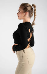 Black Ribbed Long Sleeve Backless Crop Top - Jenavira