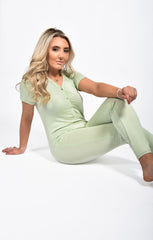 Sage Rib Button Up Short Sleeve Jumpsuit - Olivia