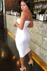 White Strapless Ruched Midi Dress - Salma