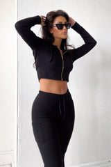 Black Ribbed Zip Front Hoodie & Joggers Two Piece Set - Callie