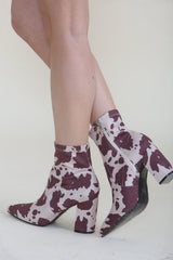 Brown Cow Print Block Chunky Heel Ankle Western Boots - Miraluna