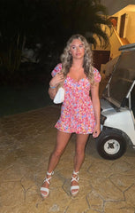 Pink Ditsy Floral Knot Front Shirred Mini Dress - Amarisse