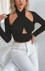 Black Slinky Cross Wrap Halter Crop Top - Donelia