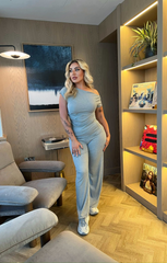 Grey Ribbed Slash Neck Top with Wide Leg Trouser Loungewear Set - Bellina