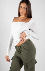 White Slinky Long Sleeve Square Neck Top - Thalina