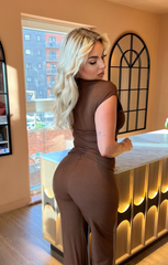 Brown Ribbed Slash Neck Top with Wide Leg Trouser Loungewear Set - Bellina