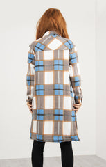 Sky Blue & Brown Oversized Check Print Longline Shacket - Fialetta