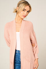 Dusty Pink Knitted Long Sleeve Pocket Detail Ribbed Cardigan - Leanne
