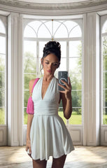 White Backless Halter Neck Tie Back Flowy Skater Mini Dress - Charistéa