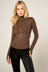 Chocolate High Neck Fitted Zip Up Lightweight Jacket - Sovanna