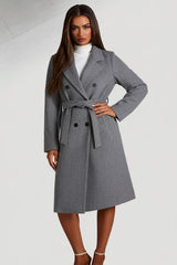 Charcoal Double Breasted Black Button Detail Belted Trench Coat - Eliana