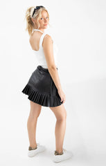 Black Belted Pleated Faux Leather Skirt - Soretta